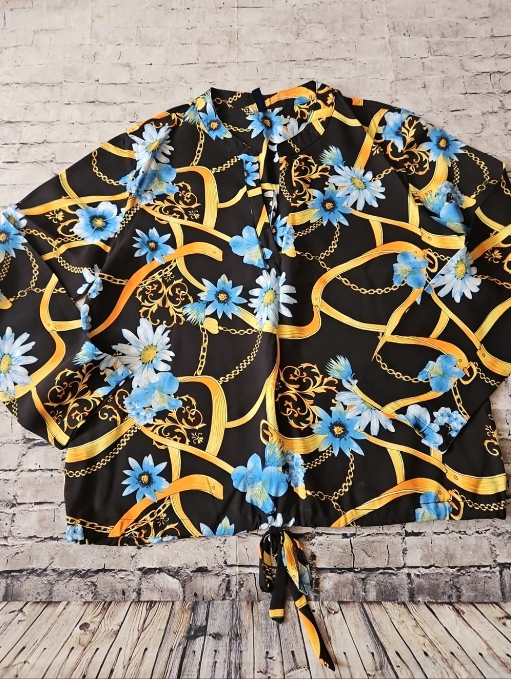 Emily Stacy Black Floral-Chain Tie-Hem Blouse